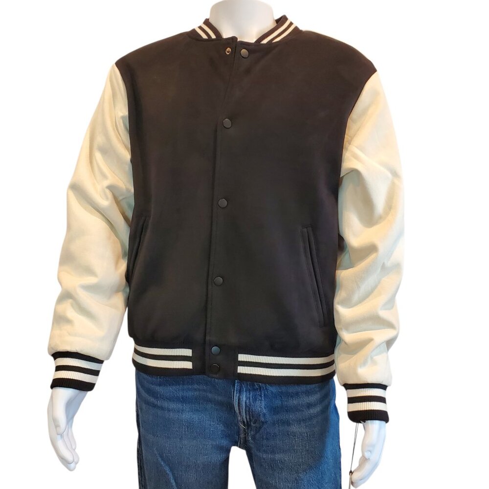 HUDSON & BARROW Varsity Bomber Jacket Faux Suede ACTIV Athletic Black SZ L